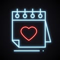 Realistic neon calendar with heart sign. Glowing reminder. Bright Happy Valentine`s day symbol. Love, couple