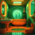 Realistic Neon Colors Retro 50s Years Style Clasic Interior Bathroom Vibrant Colors Big Round Windows Natural Sun Light Green Pot