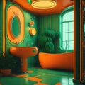 Realistic Neon Colors Retro 50s Years Style Clasic Interior Bathroom Vibrant Colors Big Round Windows Natural Sun Light Green Pot