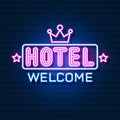 Realistic Neon Hotel Inscription. Glowing Font. Vector