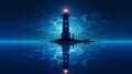 Realistic Night Lighthouse Island Vector Illustration With Blue Reflection