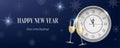 Realistic night New Year banner, featuring a clock, snowflakes and champagne. Gold and Christmas themed decorations. Suitable for Royalty Free Stock Photo