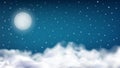 Realistic night sky with moon and stars. Cloudy fog, starry horizontal and moonlight at evening. Magical dreams vector