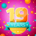 Realistic Nineteen Years Anniversary Celebration design banner. Gold numbers and cyan ribbon, balloons, confetti on pink