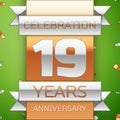 Realistic Nineteen Years Anniversary Celebration Design. Silver and golden ribbon, confetti on green background