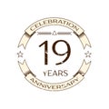 Realistic nineteen years anniversary celebration logo with ring and ribbon on white background. Vector template for your