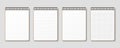 Realistic notepad. Lined, gridded and dotted sheets. Blank sheets of notebook with grid for homework and exercises. Horizontal