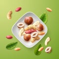 Realistic nuts bowl. Top view plate with natural snacks. Peeled nut kernels mix. Peanuts and cashews. Healthy appetizer