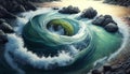 realistic ocean waves illustration whirlpool in a storm on the coast