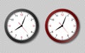 Realistic office clock. Wall round watches with time arrows and clock face isolated 3d vector black and red clocks on