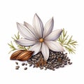 Realistic Oil Art Illustration With White Flower And Seeds