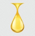 Realistic oil drop. Gold vector honey or petroleum droplet, icon of yellow essential aroma or olive oils, falling golden Royalty Free Stock Photo