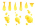 Realistic oil drops. Dripping drop, honey yellow drip. Isolated keratin or protein, fluid golden bubble. Cosmetic