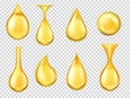 Realistic oil drops. Falling honey drop, gasoline yellow droplet. Gold capsule of liquid vitamin, dripping machine oil