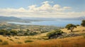 Realistic Oil Painting Of Crescent Lake On Antique Greek Island