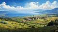Realistic Oil Painting Of Greek Island Farming Village And Vast Wheat Fields