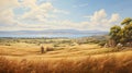 Realistic Oil Painting Of Greek Island Farming Village And Wheat Fields