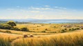 Realistic Oil Painting Of A Greek Island Landscape With Wheat Fields And Ocean