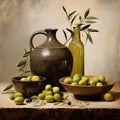 Realistic Oil Painting Of Olives In Glazed Earthenware Vase