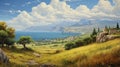 Realistic Oil Painting: Serene Greek Island With Farming Village And Ocean View
