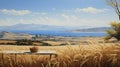 Realistic Oil Painting Of Wheat Fields And Ocean On Antique Greek Island Royalty Free Stock Photo