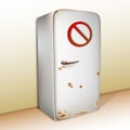 Realistic old rusty refrigerator with a prohibition sign. Royalty Free Stock Photo