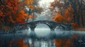 Realistic old stone bridge over river in autumn morning mist with soft sunlight and water reflection Royalty Free Stock Photo