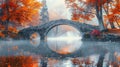 Realistic old stone bridge over river with autumn trees, morning fog, and high definition details Royalty Free Stock Photo