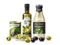 Realistic olive products composition. Cut and whole vegetables, pickled, butter and mayonnaise, packaging design, glass