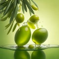 Realistic olives and oil splash drops, Olive oil splashing, green olive oil splash pour in macro closeup