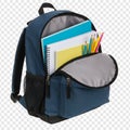 Realistic Open Blue School Backpack with Supplies, Transparent Background Royalty Free Stock Photo