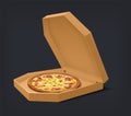 Realistic open box with pizza. National Italian meal in square cardboard container. Isolated package for cheesy snack