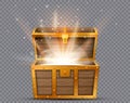 Realistic open chest, vintage old treasure wooden box with golden glowing inside. Vector illustration