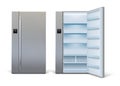 Realistic open and closed modern refrigerator mockup with shelves. Empty wide fridge with sensor panel. Home kitchen