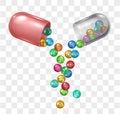 Realistic open pill capsule with vitamin and mineral elements. Medicine supplement ingredients in drugs. Pharmacy health care