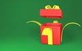 Realistic open red gift box with yellow bow and ribbon isolated on green background. Vector illustration Royalty Free Stock Photo