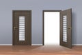 Realistic opened and closed doors in office or home hallway interior. Light inside doorway. Wooden room entrance