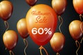 Realistic Orange ballons with inscription Halloween Sale Sixty percent for discount on black background. Colorful