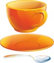 Realistic orange cup with saucer and teaspoon Royalty Free Stock Photo