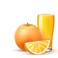 Realistic orange juice glass, orange fruit slice
