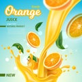 Realistic orange juice. Refreshing tropical fruit drink. Splash with jet and flying drops. Pouring natural beverage Royalty Free Stock Photo