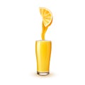 Realistic orange juice slice flowing in glass Royalty Free Stock Photo