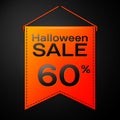 Realistic Orange pennant with inscription Halloween Sale Sixty percent for discount on black background. Colorful