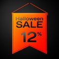 Realistic Orange pennant with inscription Halloween Sale Twelve percent for discount on black background. Colorful