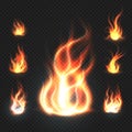 Realistic orange and red fire flames, fireballs on transparent background vector illustration