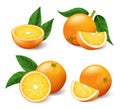 Realistic bright yellow oranges with green leaf whole and sliced set Royalty Free Stock Photo