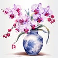 Realistic Orchid Flowers In Vase Watercolor Clipart