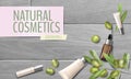 Realistic organic olive oil cosmetics ad. Natural essence farm plant leaves green olive fruits mesh 3D wooden plank