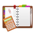 Realistic Organizer Notebook, Color Stickers and Calculator. Vector