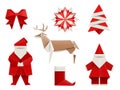 Realistic origami, Christmas set: Santa, deer, christmas tree, snowflake and so. Vector illustration.